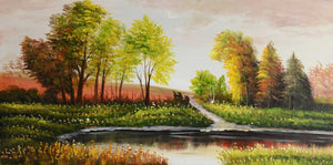 Handgemaltes Ölbild Flusslandschaft auf Leinwand, bunte Herbstbäume und Spiegelungen im Wasser