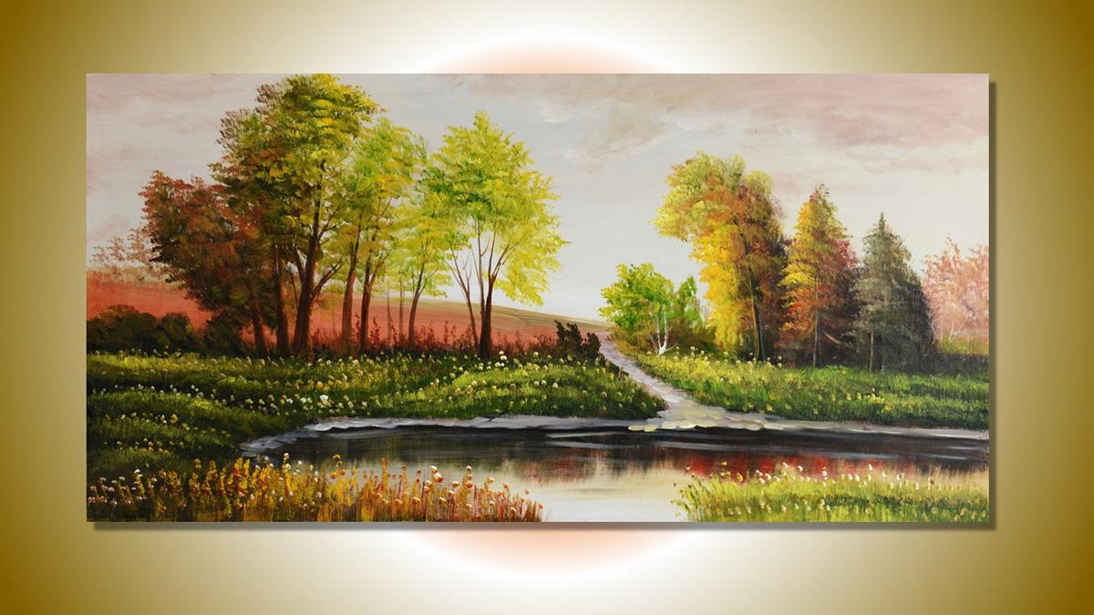 Handgemaltes Ölbild Flusslandschaft auf Leinwand, bunte Herbstbäume und Spiegelungen im Wasser – Beispiel im Raum