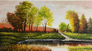 Handgemaltes Ölbild Flusslandschaft auf Leinwand, bunte Herbstbäume und Spiegelungen im Wasser – Detailansicht