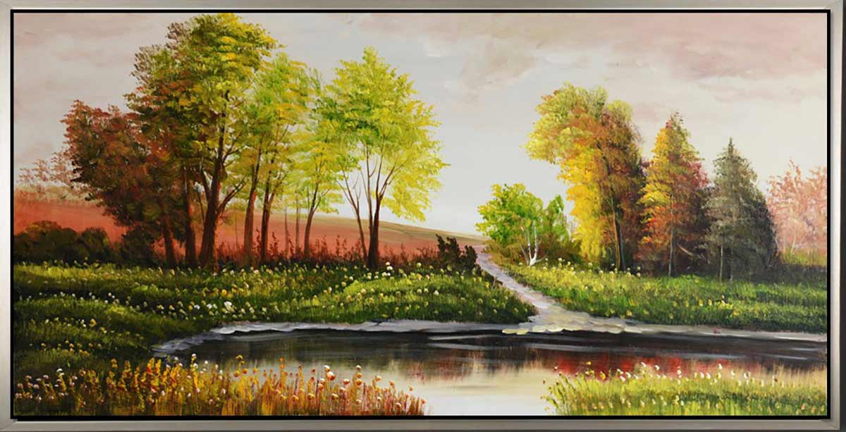Handgemaltes Ölbild Flusslandschaft auf Leinwand, bunte Herbstbäume und Spiegelungen im Wasser, mit silbernem Rahmen