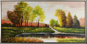 Handgemaltes Ölbild Flusslandschaft auf Leinwand, bunte Herbstbäume und Spiegelungen im Wasser, mit silbernem Rahmen