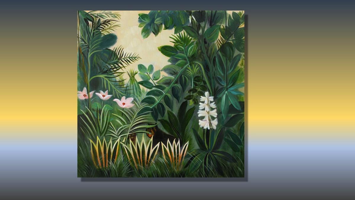 Handgemaltes Ölbild Tropischer Dschungel auf Leinwand, üppige grüne Blätter mit rosa und weissen Blüten – Beispiel im Raum
