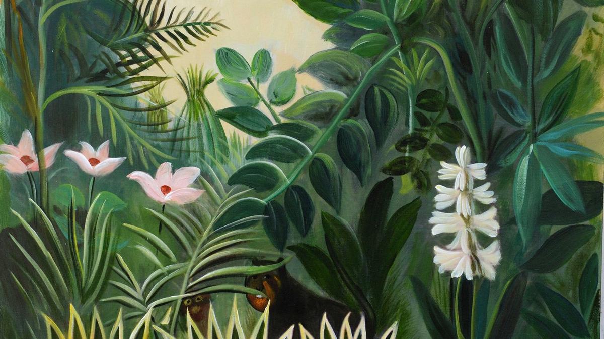 Handgemaltes Ölbild Tropischer Dschungel auf Leinwand, üppige grüne Blätter mit rosa und weissen Blüten – Detailansicht