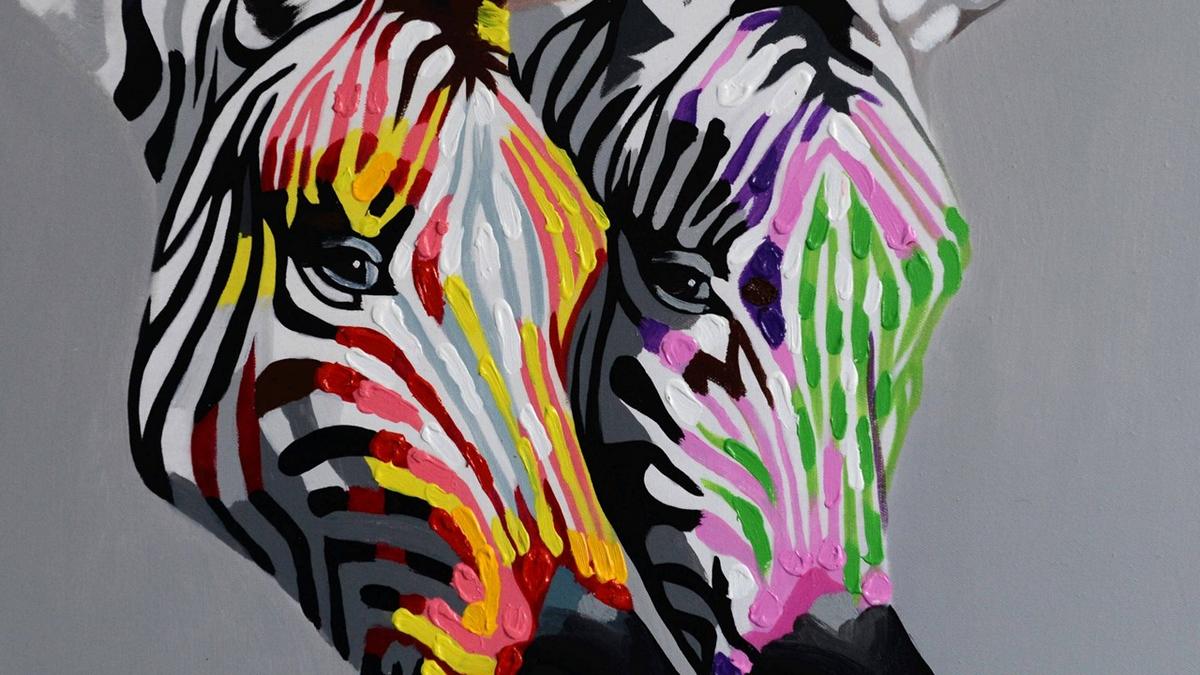 Handgemaltes Ölbild zwei Zebras auf Leinwand, bunte Pop-Art-Streifen mit Spachtelrelief auf Grau – Detailansicht