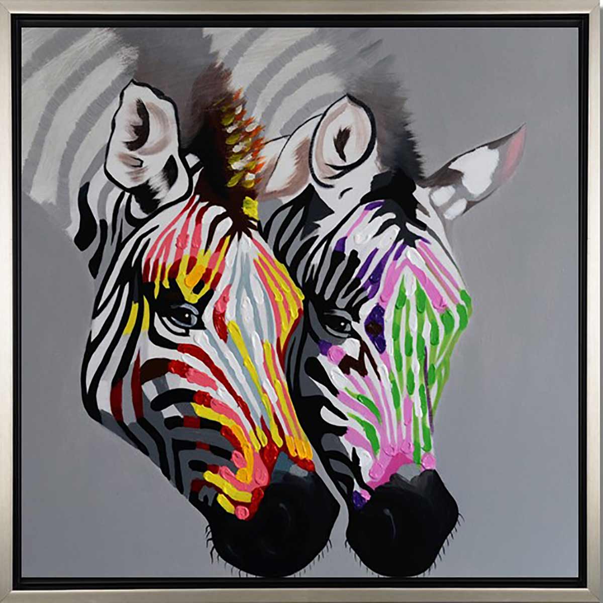 Handgemaltes Ölbild zwei Zebras auf Leinwand, bunte Pop-Art-Streifen mit Spachtelrelief auf Grau, mit silbernem Rahmen