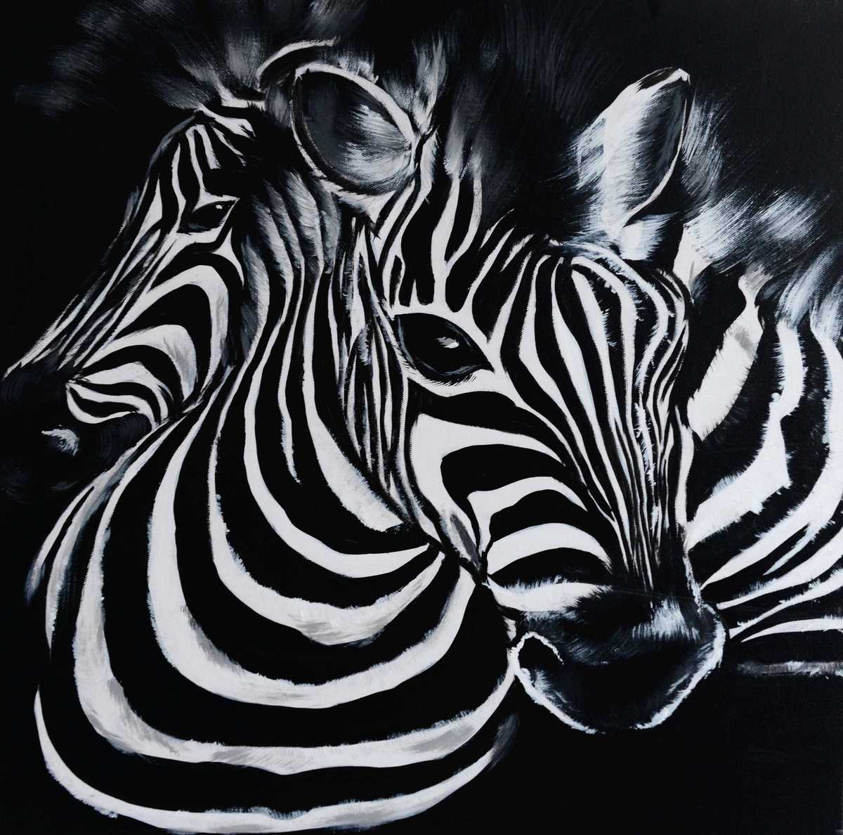 Handgemaltes Ölbild zwei Zebras auf Leinwand, grafische Schwarz-Weiss-Streifen vor schwarzem Hintergrund
