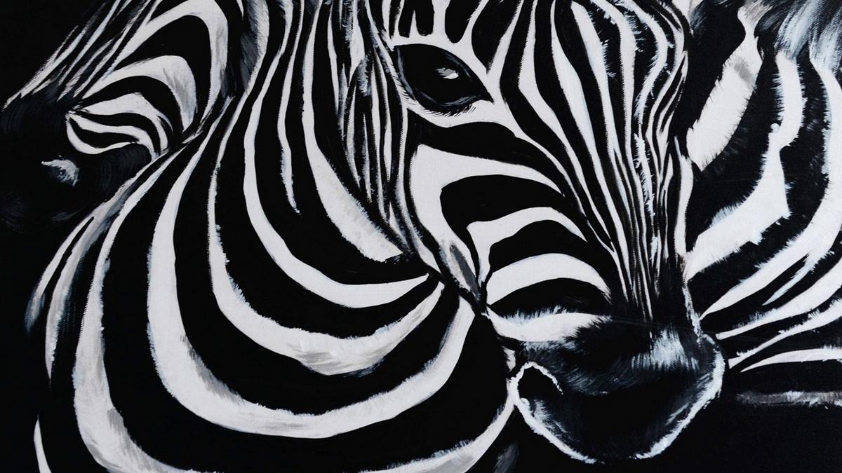 Handgemaltes Ölbild zwei Zebras auf Leinwand, grafische Schwarz-Weiss-Streifen vor schwarzem Hintergrund – Detailansicht