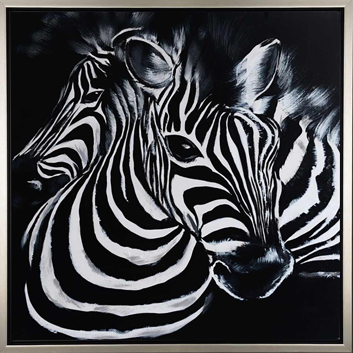 Handgemaltes Ölbild zwei Zebras auf Leinwand, grafische Schwarz-Weiss-Streifen vor schwarzem Hintergrund, mit silbernem Rahmen