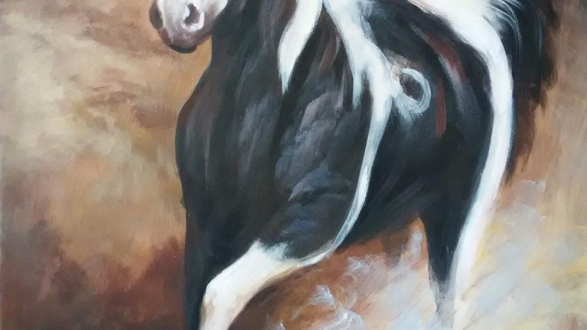 Handgemaltes Ölbild galoppierendes Pferd auf Leinwand, schwarz-weisser Schecke vor Braun- und Ockertönen – Detailansicht