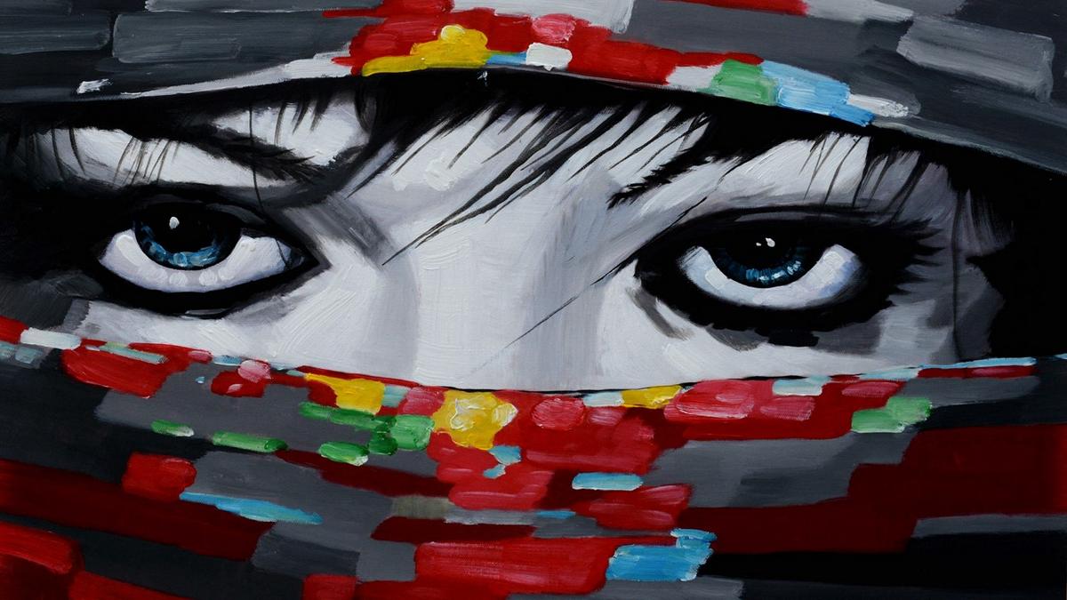 Handgemaltes Ölbild ausdrucksstarke Augen auf Leinwand, Schwarz-Weiss-Gesicht mit bunten Spachteltüchern – Detailansicht