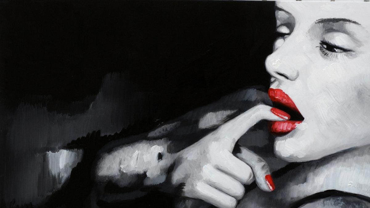 Handgemaltes Ölbild Frauenporträt auf Leinwand, Schwarz-Weiss mit leuchtend roten Lippen, glamourös – Detailansicht