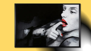 Handgemaltes Ölbild Frauenporträt auf Leinwand, Schwarz-Weiss mit leuchtend roten Lippen, glamourös, mit schwarzem Rahmen – Beispiel im Raum