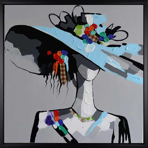 Handgemaltes Ölbild Pop-Art-Dame mit Hut auf Leinwand, hellblauer Hut mit bunten Spachtelornamenten, mit schwarzem Rahmen