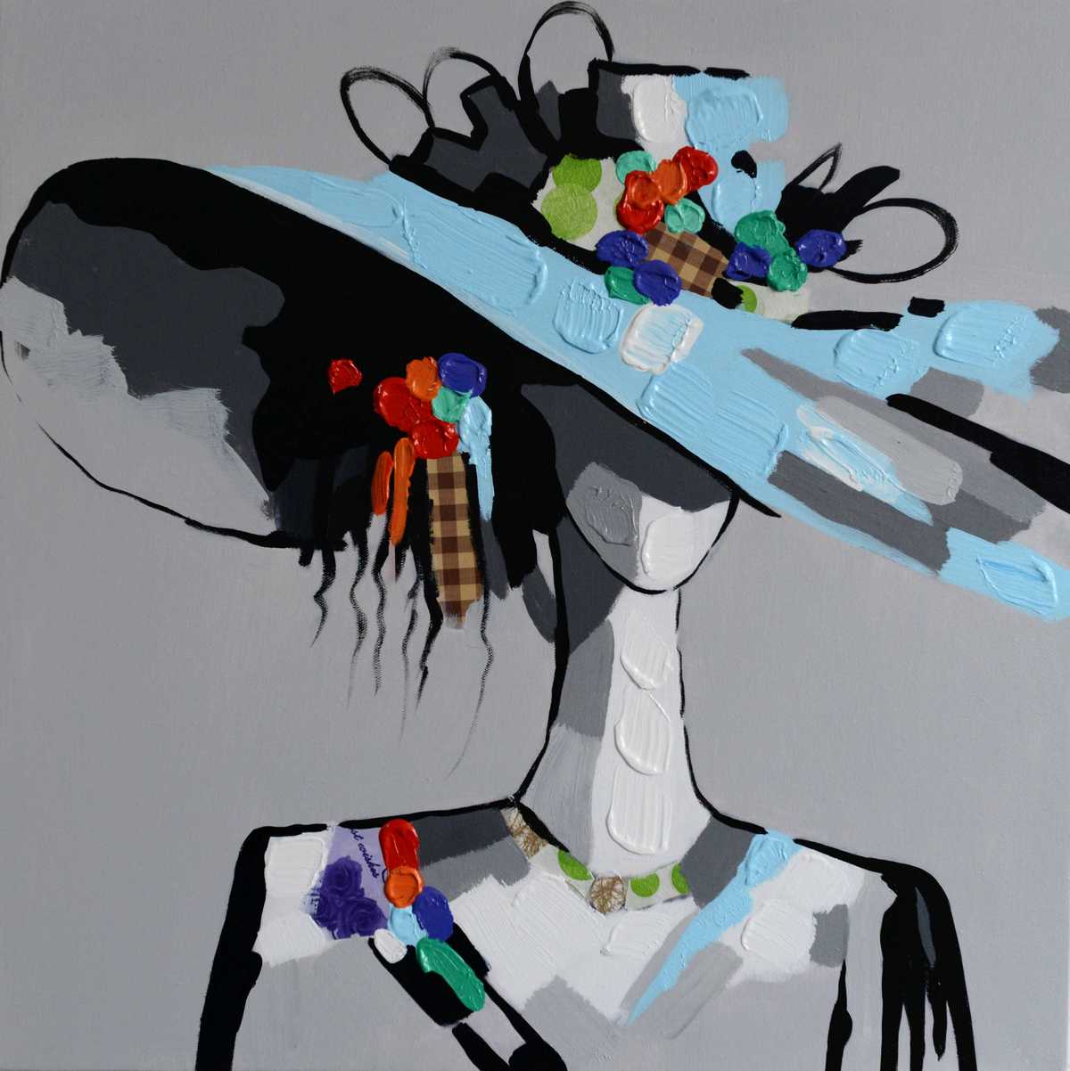 Handgemaltes Ölbild Pop-Art-Dame mit Hut auf Leinwand, hellblauer Hut mit bunten Spachtelornamenten