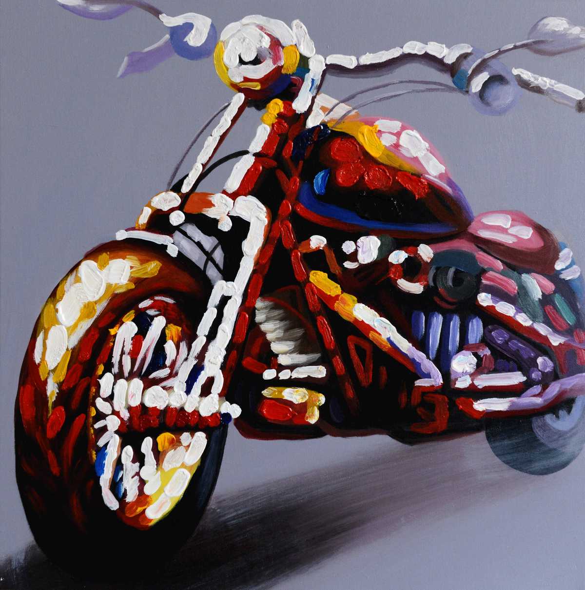 Handgemaltes Ölbild buntes Motorrad auf Leinwand, Chopper in Rot, Weiss und Blau mit Spachtelrelief