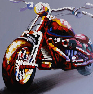 Handgemaltes Ölbild buntes Motorrad auf Leinwand, Chopper in Rot, Weiss und Blau mit Spachtelrelief