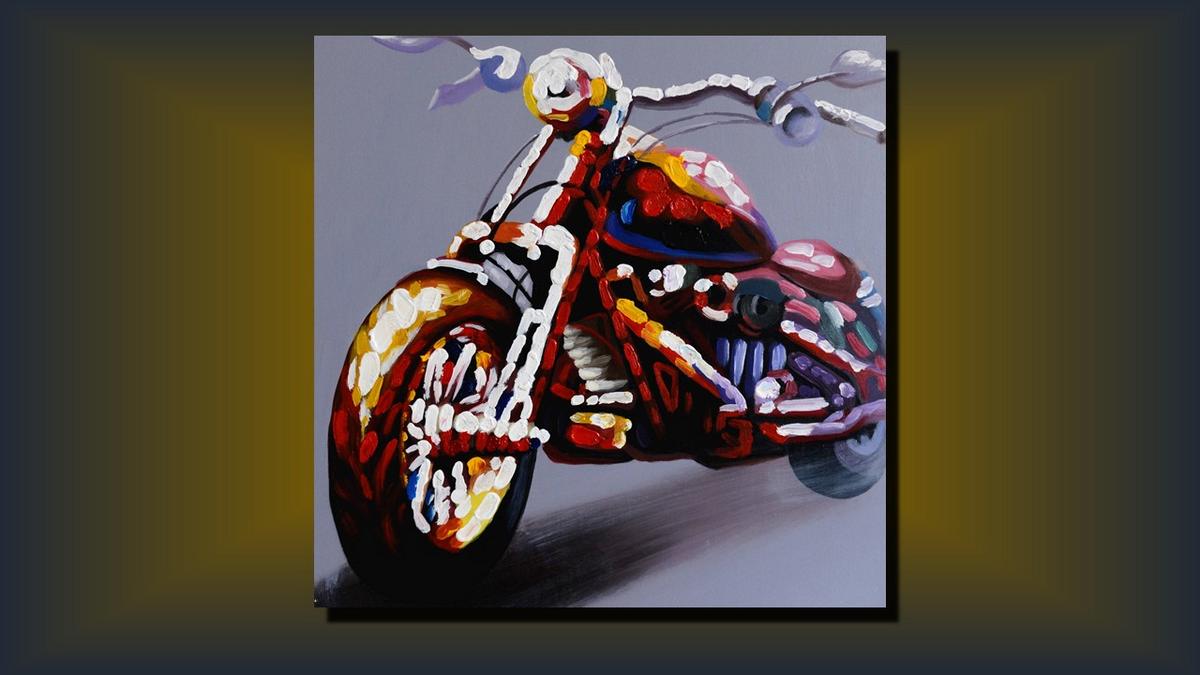 Handgemaltes Ölbild buntes Motorrad auf Leinwand, Chopper in Rot, Weiss und Blau mit Spachtelrelief – Beispiel im Raum