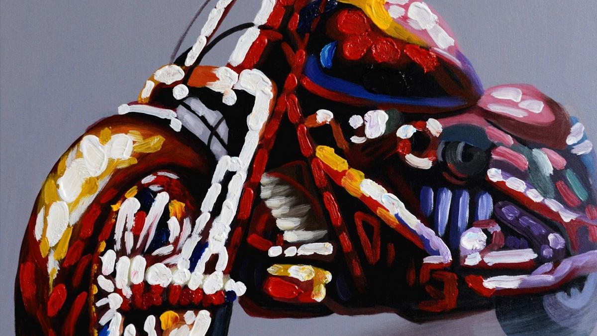 Handgemaltes Ölbild buntes Motorrad auf Leinwand, Chopper in Rot, Weiss und Blau mit Spachtelrelief – Detailansicht