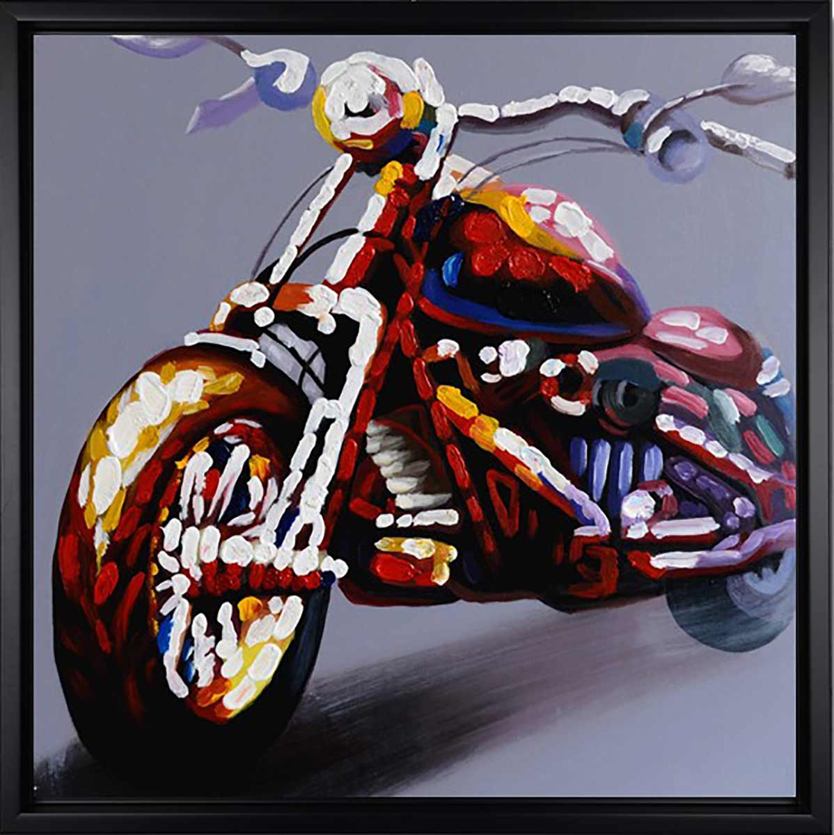 Handgemaltes Ölbild buntes Motorrad auf Leinwand, Chopper in Rot, Weiss und Blau mit Spachtelrelief, mit schwarzem Rahmen