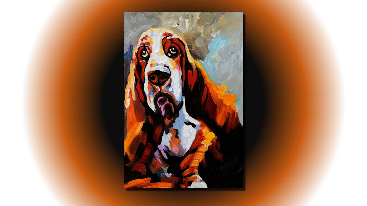 Handgemaltes Ölbild Basset auf Leinwand, treuherziger Hund in Orange, Braun und Weiss, expressiv – Beispiel im Raum