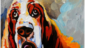 Handgemaltes Ölbild Basset auf Leinwand, treuherziger Hund in Orange, Braun und Weiss, expressiv – Detailansicht
