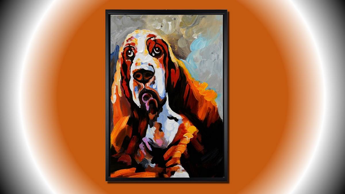 Handgemaltes Ölbild Basset auf Leinwand, treuherziger Hund in Orange, Braun und Weiss, expressiv, mit schwarzem Rahmen – Beispiel im Raum