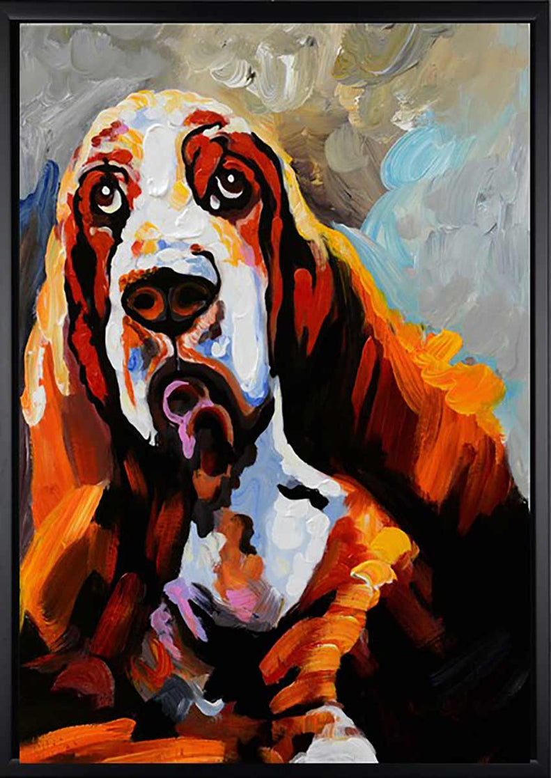 Handgemaltes Ölbild Basset auf Leinwand, treuherziger Hund in Orange, Braun und Weiss, expressiv, mit schwarzem Rahmen