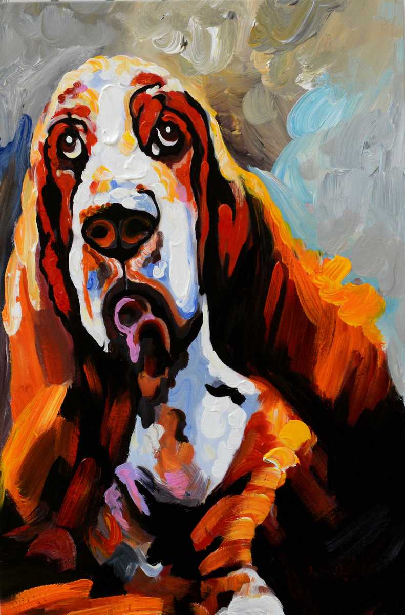Handgemaltes Ölbild Basset auf Leinwand, treuherziger Hund in Orange, Braun und Weiss, expressiv