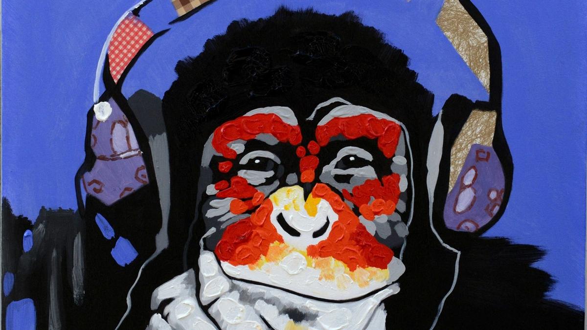 Handgemaltes Ölbild Affe mit Kopfhörern auf Leinwand, Pop-Art in Rot und Orange vor blauem Hintergrund – Detailansicht