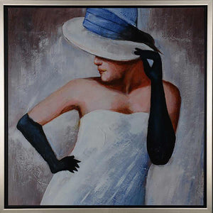 Handgemaltes Ölbild elegante Dame mit Hut auf Leinwand, weisses Kleid und schwarze Handschuhe in Grau, mit silbernem Rahmen