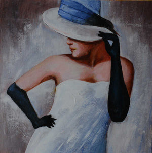Handgemaltes Ölbild elegante Dame mit Hut auf Leinwand, weisses Kleid und schwarze Handschuhe in Grau