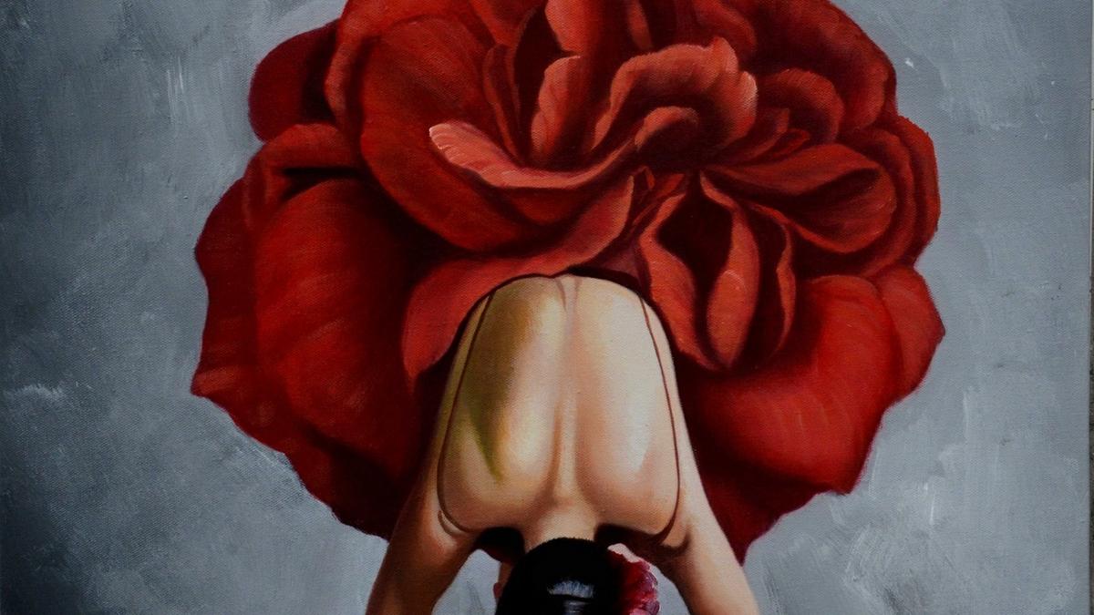 Handgemaltes Ölbild Ballerina mit rotem Rosenrock auf Leinwand, poetisch vor grauem Hintergrund – Detailansicht