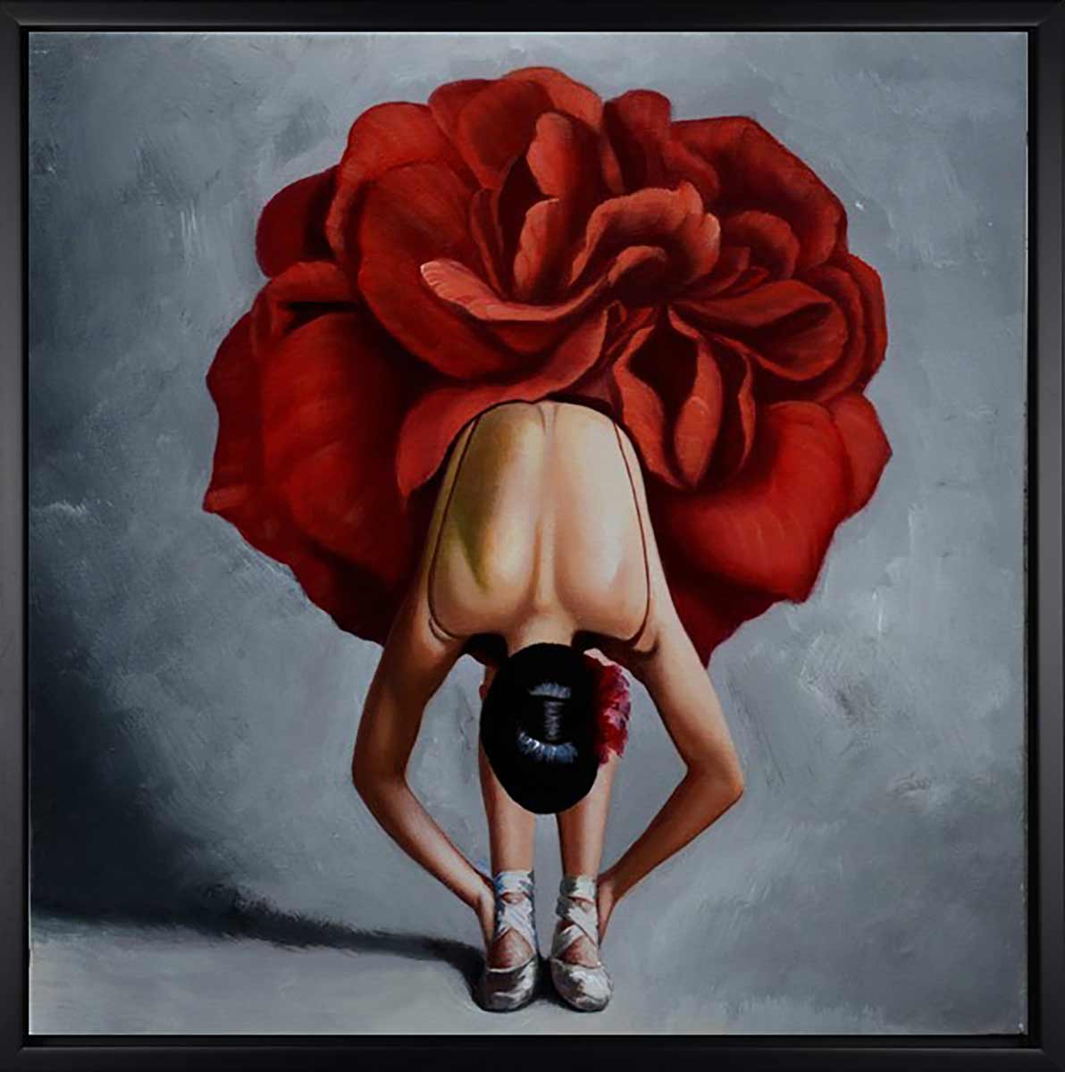 Handgemaltes Ölbild Ballerina mit rotem Rosenrock auf Leinwand, poetisch vor grauem Hintergrund, mit schwarzem Rahmen