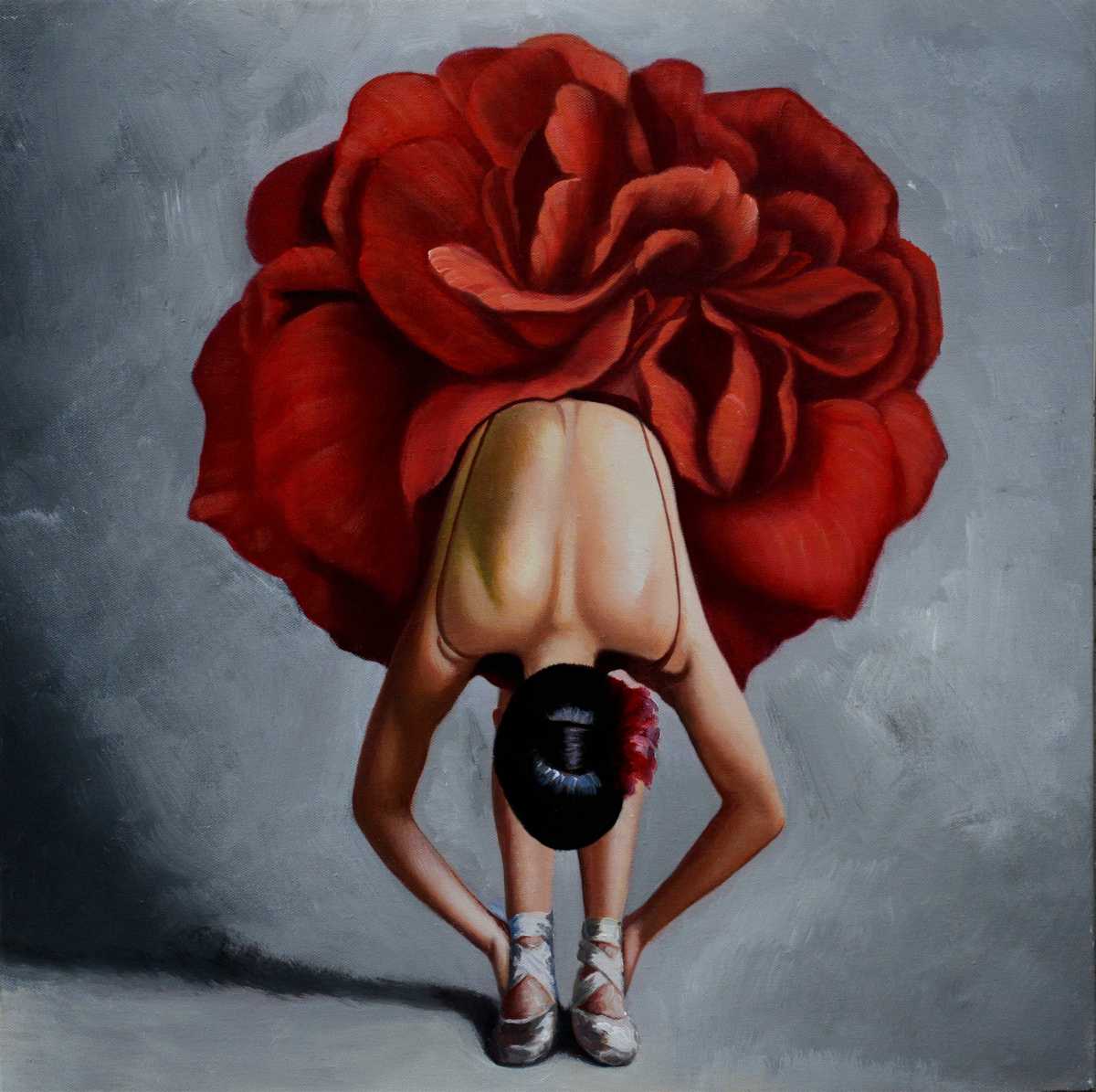 Handgemaltes Ölbild Ballerina mit rotem Rosenrock auf Leinwand, poetisch vor grauem Hintergrund