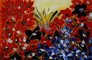 Handgemaltes Blumenbild in Öl auf Leinwand mit roten und blauen Blüten, goldenen Linien, Spachteltechnik