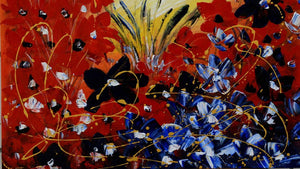 Handgemaltes Blumenbild in Öl auf Leinwand mit roten und blauen Blüten, goldenen Linien, Spachteltechnik – Detailansicht