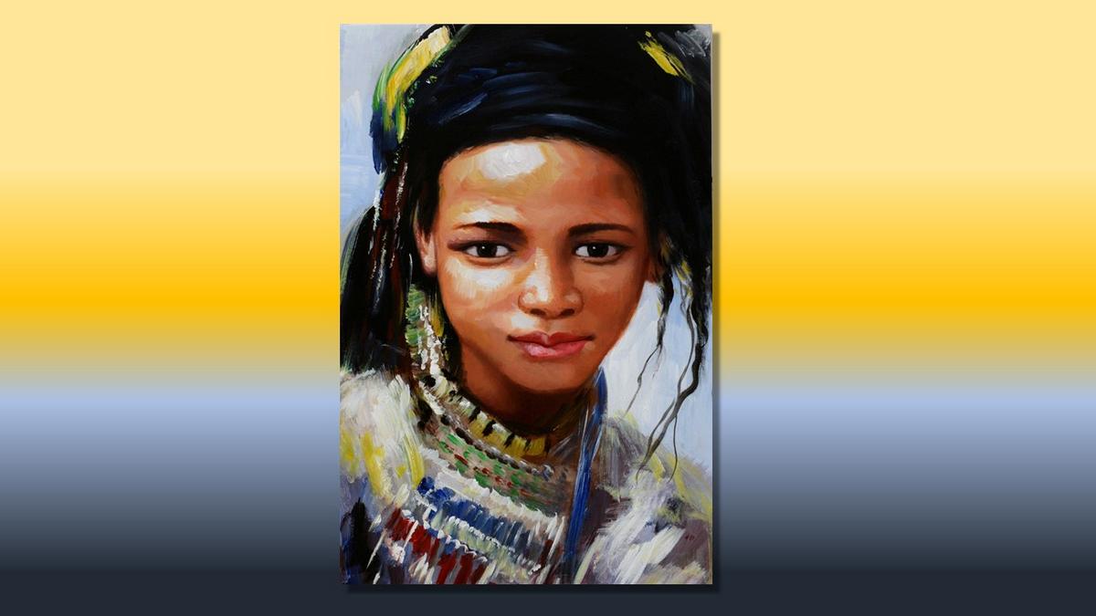 Handgemaltes Ölbild Porträt afrikanisches Mädchen auf Leinwand, Kopfschmuck und bunte Perlenkette – Beispiel im Raum