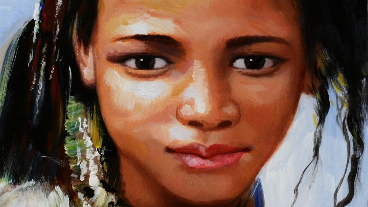 Handgemaltes Ölbild Porträt afrikanisches Mädchen auf Leinwand, Kopfschmuck und bunte Perlenkette – Detailansicht