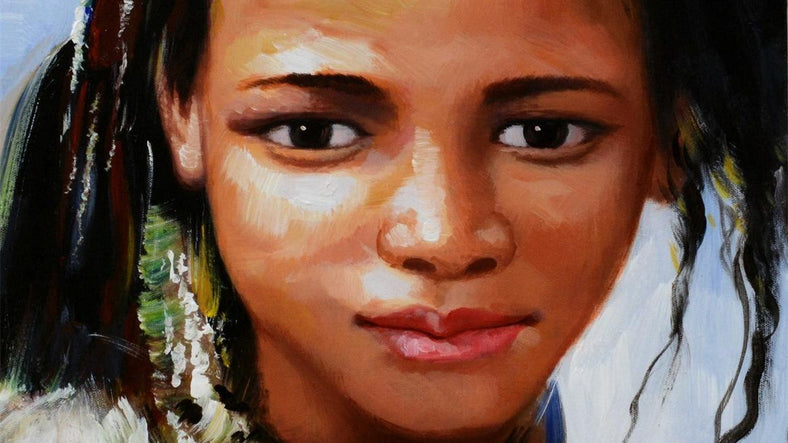 Handgemaltes Ölbild Porträt afrikanisches Mädchen auf Leinwand, Kopfschmuck und bunte Perlenkette – Detailansicht