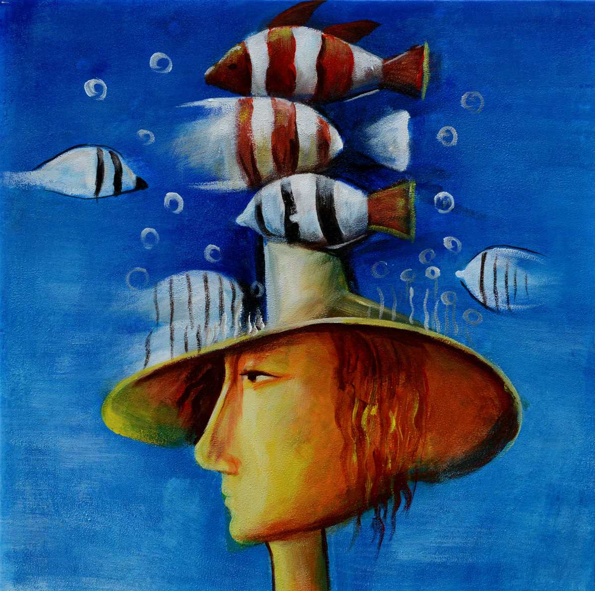 Handgemaltes Ölbild surreales Motiv mit Fischen auf Leinwand, Figur mit Hut vor tiefblauem Hintergrund