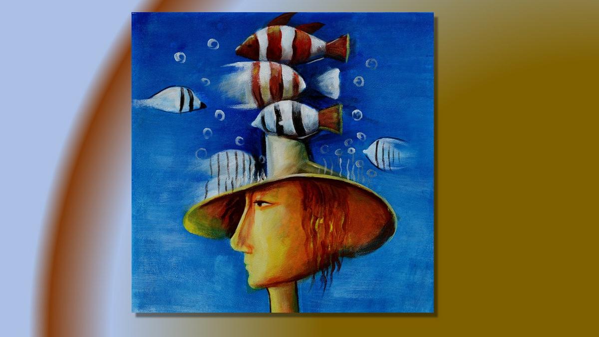 Handgemaltes Ölbild surreales Motiv mit Fischen auf Leinwand, Figur mit Hut vor tiefblauem Hintergrund – Beispiel im Raum