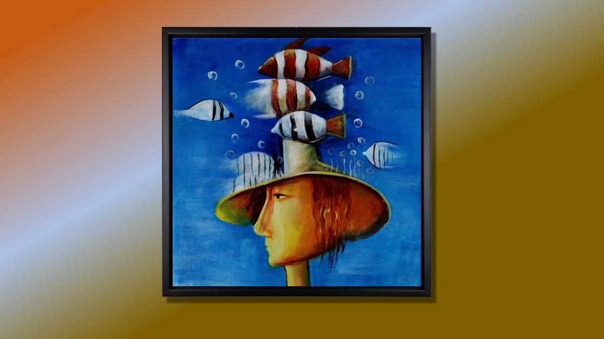 Handgemaltes Ölbild surreales Motiv mit Fischen auf Leinwand, Figur mit Hut vor tiefblauem Hintergrund, mit schwarzem Rahmen – Beispiel im Raum