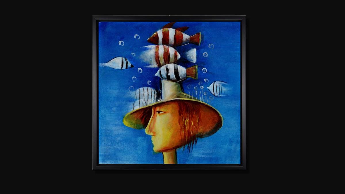 Handgemaltes Ölbild surreales Motiv mit Fischen auf Leinwand, Figur mit Hut vor tiefblauem Hintergrund, mit schwarzem Rahmen – Beispiel im Raum
