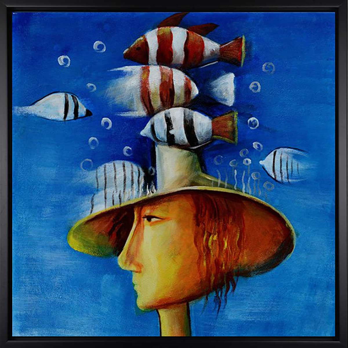 Handgemaltes Ölbild surreales Motiv mit Fischen auf Leinwand, Figur mit Hut vor tiefblauem Hintergrund, mit schwarzem Rahmen
