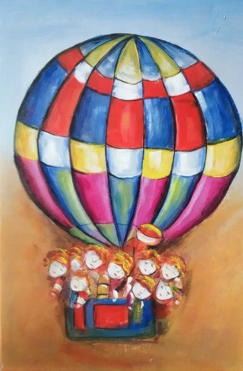 Handgemaltes Ölbild Heissluftballon mit Kindern auf Leinwand, rot-blau-gelbes Karomuster, heller Himmel