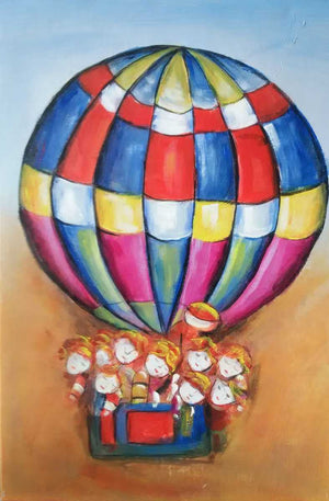 Handgemaltes Ölbild Heissluftballon mit Kindern auf Leinwand, rot-blau-gelbes Karomuster, heller Himmel
