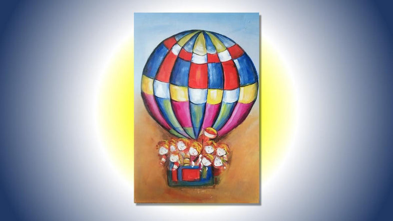 Handgemaltes Ölbild Heissluftballon mit Kindern auf Leinwand, rot-blau-gelbes Karomuster, heller Himmel – Beispiel im Raum