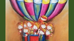 Handgemaltes Ölbild Heissluftballon mit Kindern auf Leinwand, rot-blau-gelbes Karomuster, heller Himmel – Detailansicht