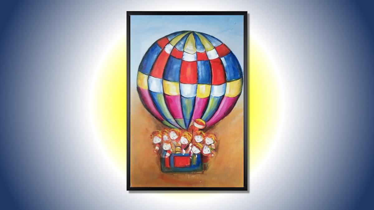 Handgemaltes Ölbild Heissluftballon mit Kindern auf Leinwand, rot-blau-gelbes Karomuster, heller Himmel, mit schwarzem Rahmen – Beispiel im Raum