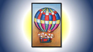 Handgemaltes Ölbild Heissluftballon mit Kindern auf Leinwand, rot-blau-gelbes Karomuster, heller Himmel, mit schwarzem Rahmen – Beispiel im Raum